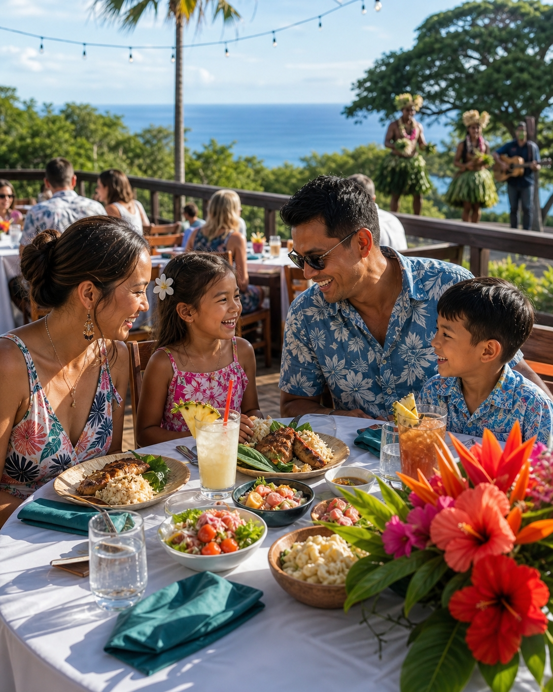 Family with children enjoying a Hawaiian luau in Wailea, Maui